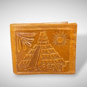 Tooled Leather Men's Wallet Mexico Souvenir Aztec Mayan Folk Art 1970s‎